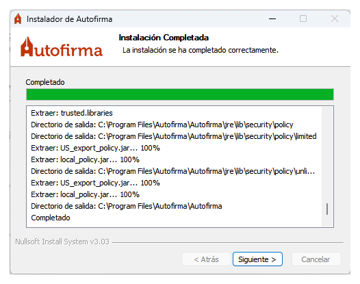AutoFirma installation complete on Windows
