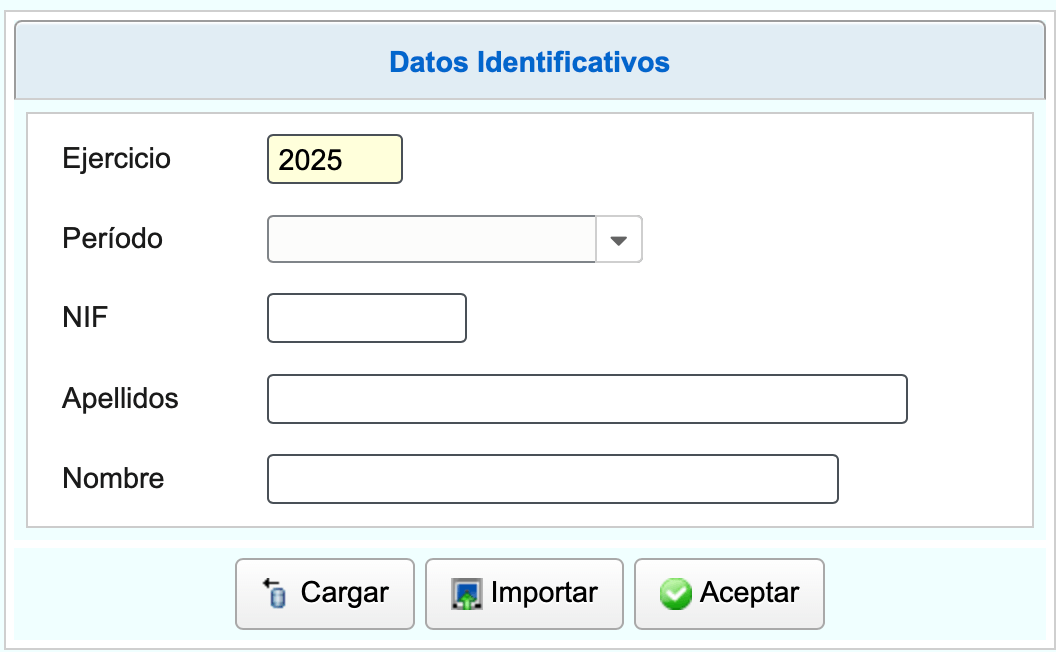 Modelo 130 initial screen showing identification fields
